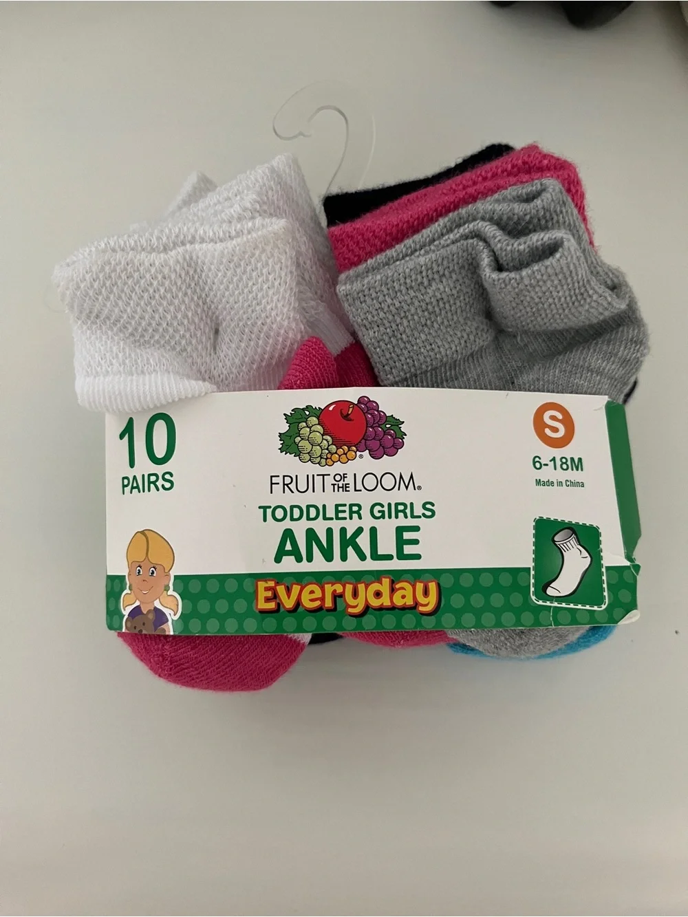 Fruit of the Loom Toddler Girls Ankle Socks - White, Pink, Gray - 10 Pairs